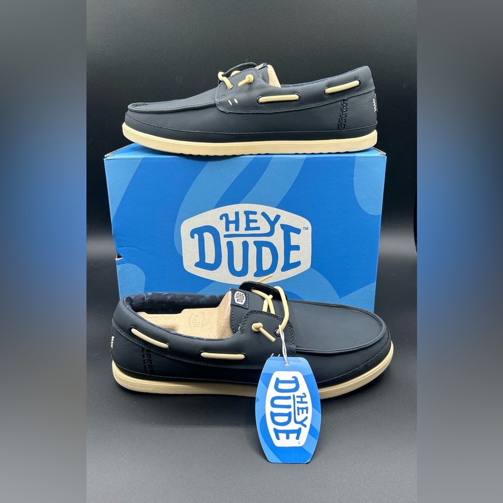 Hey Dude Harbor Lo Classic Boat Shoes Mens 10 Navy Blazer Boulder Tan New In Box